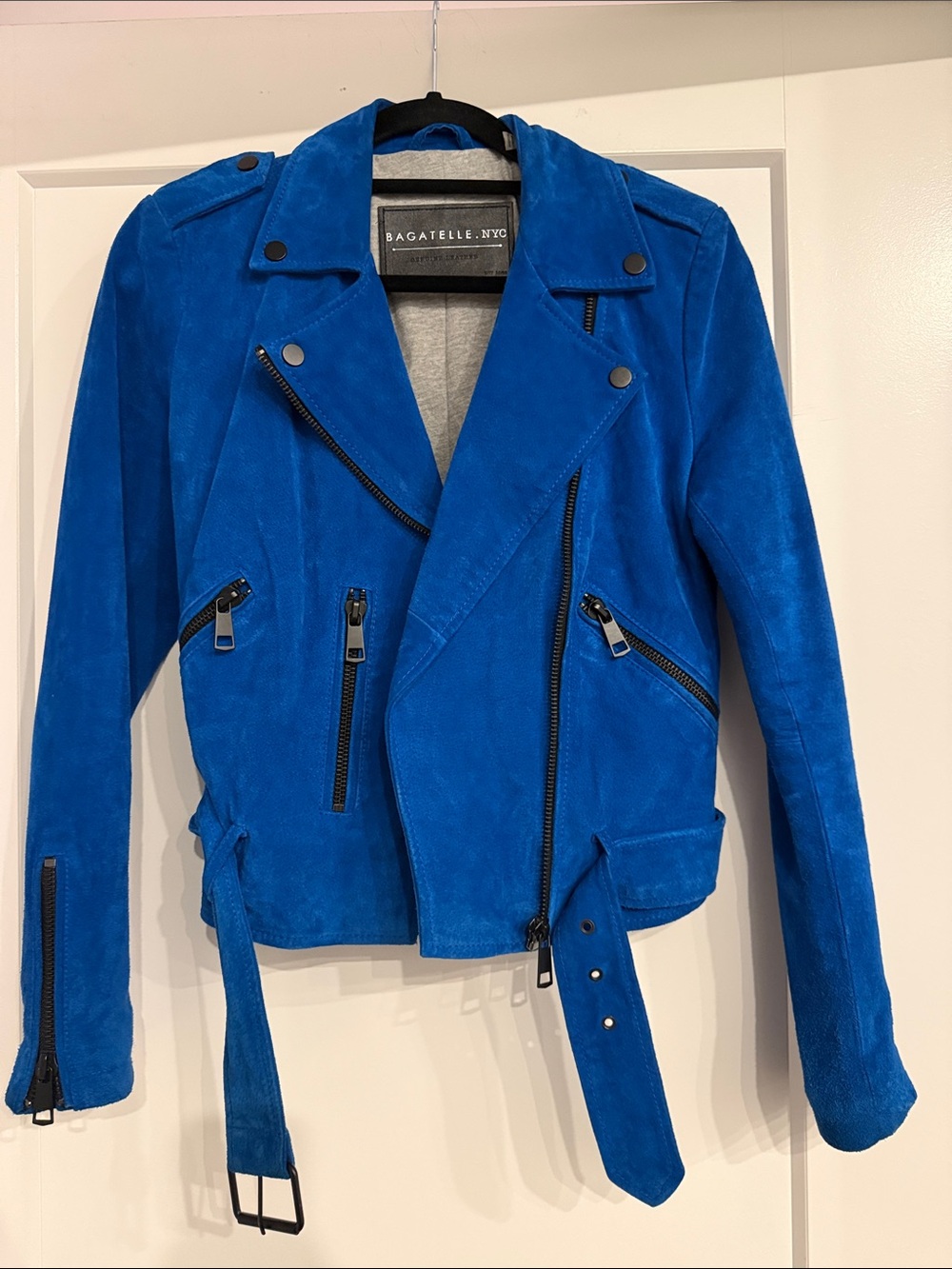 bagatelle Bright Blue Suede Asymmetrical Moto Jacket